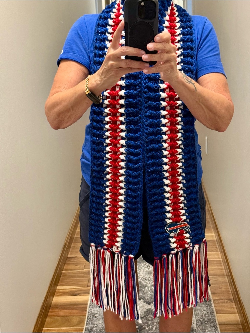 Buffalo Crocheted Fan Scarf in Blue, Red & White